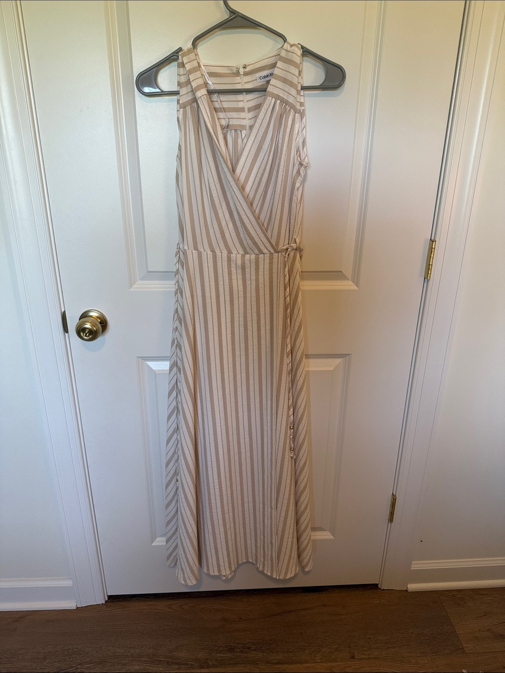 Caslon Beige and White Striped Sleeveless Wrap Maxi Dress